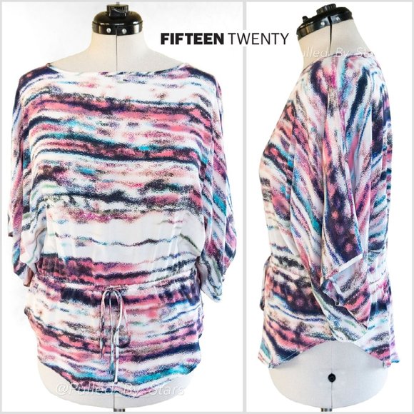 FIFTEEN TWENTY Colorful Silk Dolman Sleeve Relaxed-Fit Blouse + Drawstring Waist - Picture 1 of 13